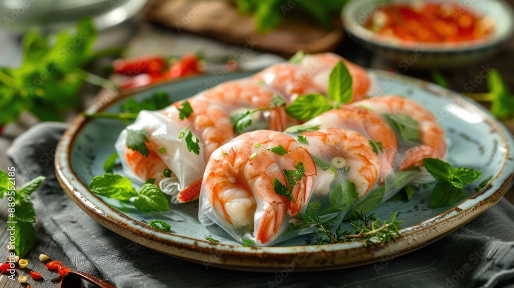 A plate of fresh spring rolls with shrimp, herbs, and vermicelli noodles A plate of fresh spring rolls with shrimp, herbs, and vermicelli noodles