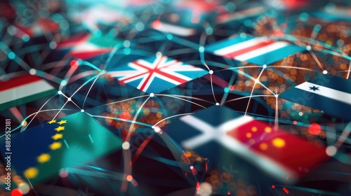Cross border Regulatory Cooperation: Countries flags interconnected with digital lines, symbolizing cross photo