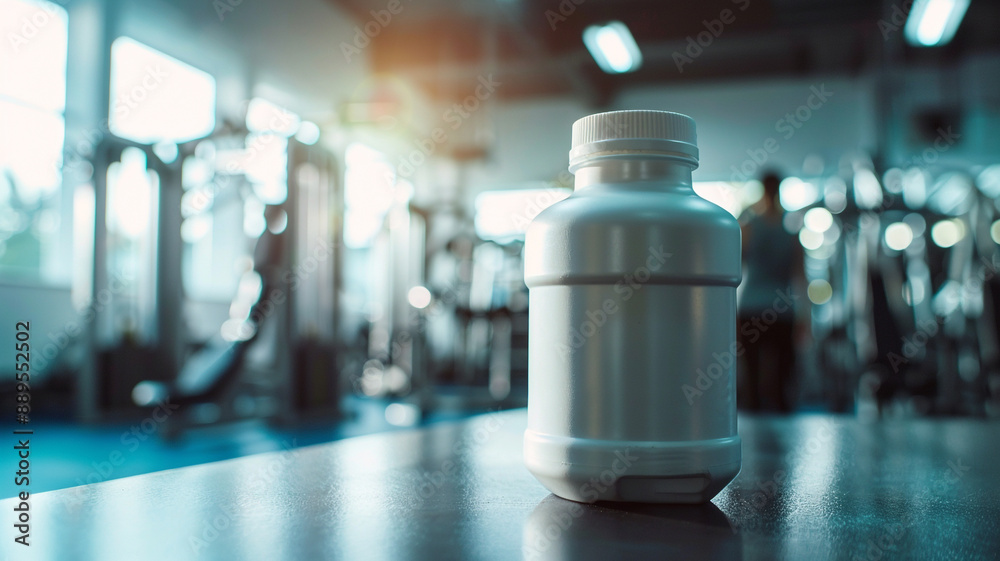 a blank white supplement bottle at a gym a blank white supplement bottle at a gym