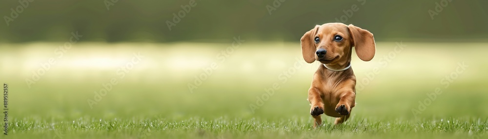 Adorable dachshund puppy running across a green field with a blurred background, showcasing its playful and energetic nature. Adorable dachshund puppy running across a green field with a blurred background, showcasing its playful and energetic nature.