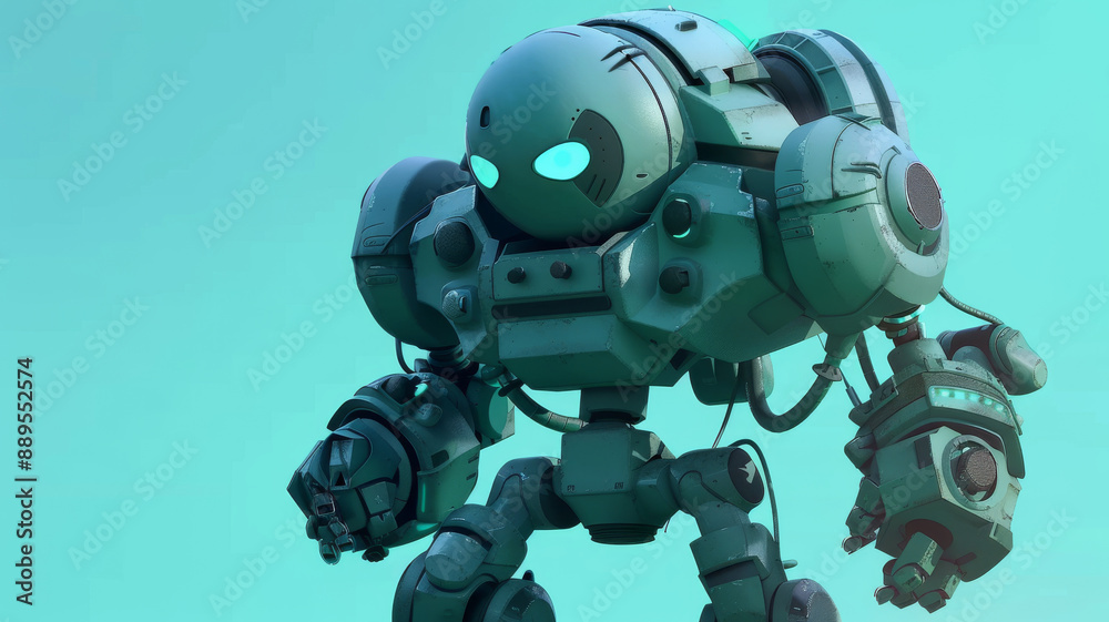 A cheerful, cartoonish robot with a round form and glowing green eyes, set against a bright teal background, exuding playfulness and charm. A cheerful, cartoonish robot with a round form and glowing green eyes, set against a bright teal background, exuding playfulness and charm.