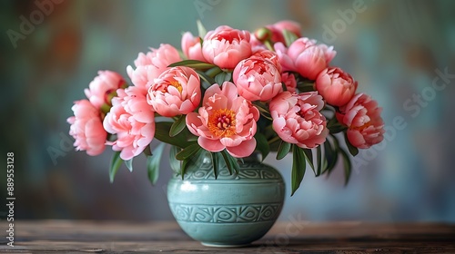 Fototapeta Naklejka Na Ścianę i Meble -  Art deco vase with geometric patterns holding lush peonies