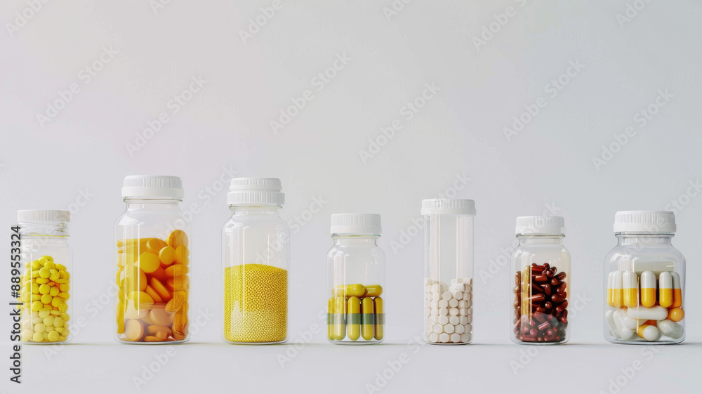 Multiple small glass jars filled with various yellow pills and capsules, neatly aligned in a row, exemplifying medical precision and organized simplicity.