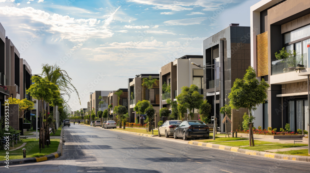 Modern residential street with sleek houses, landscaped lawns, and parked cars under a clear sky. Modern residential street with sleek houses, landscaped lawns, and parked cars under a clear sky.
