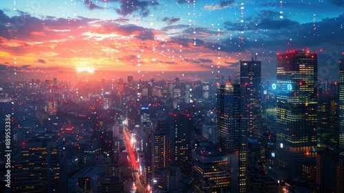 High-angle view of a modern cityscape at dusk, with illuminated skyscrapers and light trails from autonomous drones