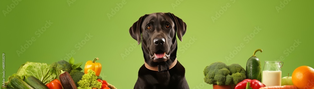 A black dog sitting in front of a variety of fresh vegetables and fruits with a green background, promoting a healthy lifestyle for pets. A black dog sitting in front of a variety of fresh vegetables and fruits with a green background, promoting a healthy lifestyle for pets.