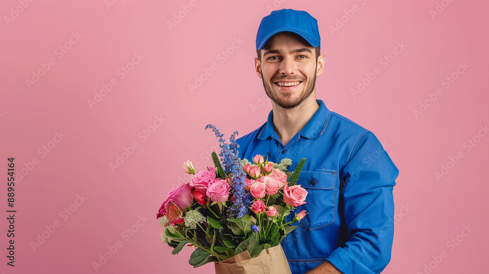 delivery man in blue uniform with bouquet of flowers on pink background. delivery man in blue uniform with bouquet of flowers on pink background.
