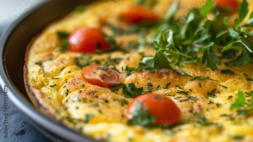Close-up of a delicious, homemade omelette topped with fresh tomatoes and herbs in a skillet.
