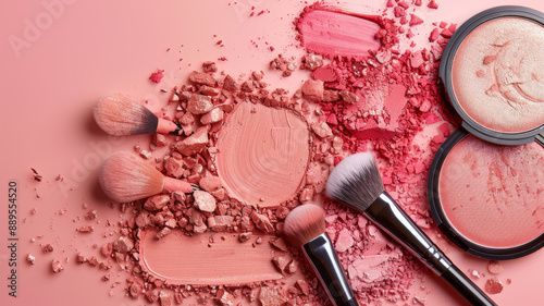 Makeup brushes and fragmented blush powders in various shades of pink spread across a surface, depicting a creative dynamic of color and texture. photo