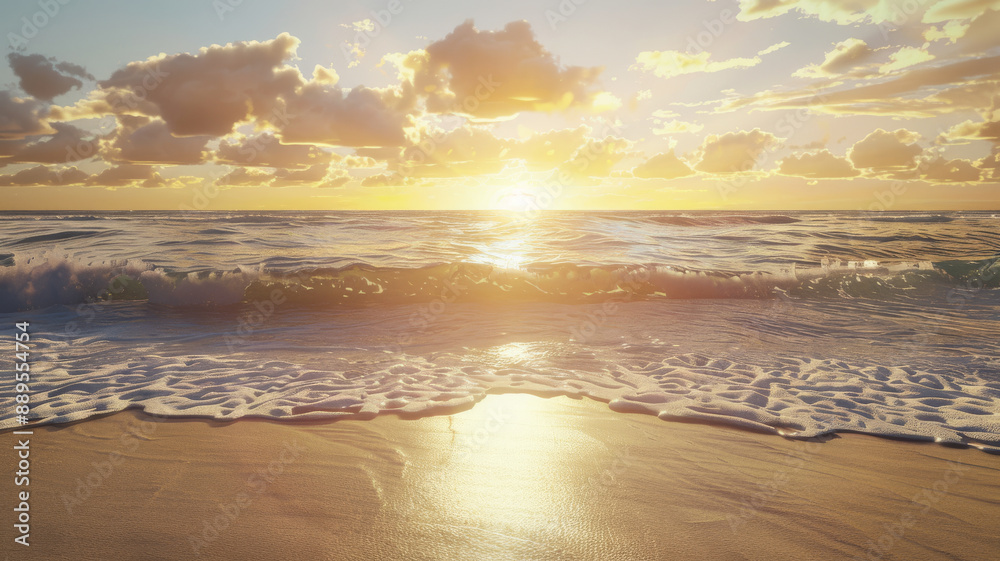 Fototapeta premium As sunset turns the sky golden, gentle waves wash up onto the shore, creating a calming and picturesque moment at the beach.