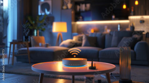 A stylish, modern living room at night, with a Wi-Fi router on the table under cozy, warm lighting, creating a relaxed and connected atmosphere.