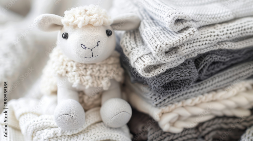 A plush lamb toy sits beside a neatly folded stack of knitted textiles in soft, neutral tones, evoking a sense of warmth, comfort, and coziness. A plush lamb toy sits beside a neatly folded stack of knitted textiles in soft, neutral tones, evoking a sense of warmth, comfort, and coziness.