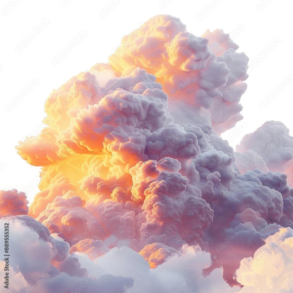 Fototapeta premium Lifelike photograph of towering cumulonimbus clouds with a vibrant sunset backdrop, isolated on white background