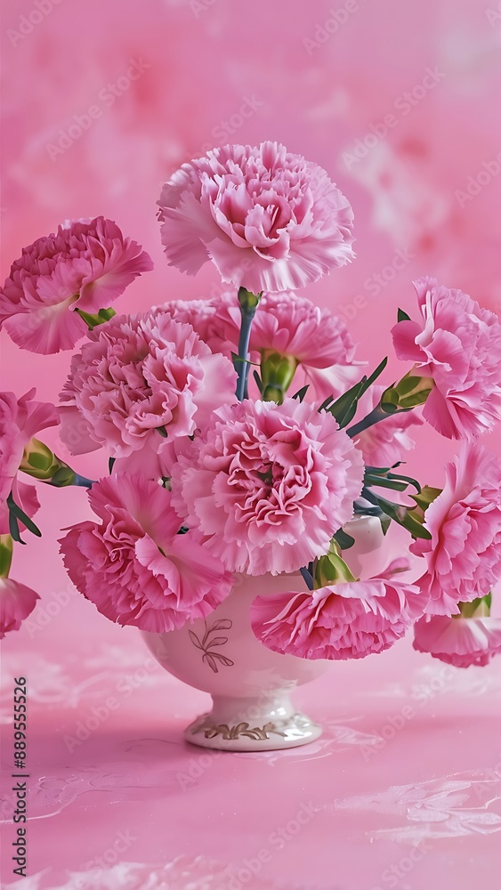 Beautiful pink carnation flowers in a vase on a pink pastel background Beautiful pink carnation flowers in a vase on a pink pastel background