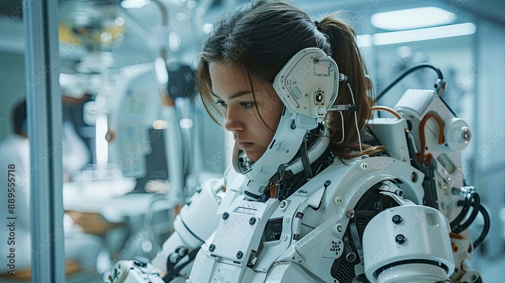 Fototapeta premium A female engineer wearing an exoskeleton suit testing its functionality in a robotics research and development lab