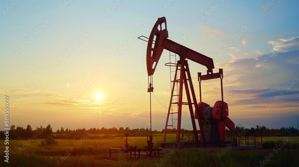 Sunset Symphony: Oil Derrick Pumping at Dusk in an Open Field with Abundant Copy Space Sunset Symphony: Oil Derrick Pumping at Dusk in an Open Field with Abundant Copy Space