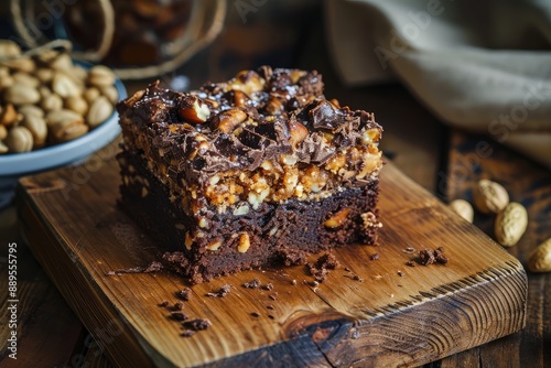 German chocolate cake. Nut brounie piece, Homemade square chocolate peanuts cake photo