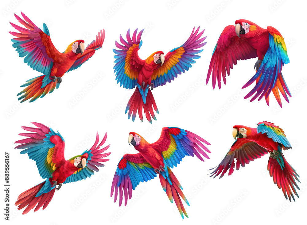 Obraz premium Set of cartoon flying parrots isolated on white or transparent background, png clipart, design element. Easy to place on any other background.