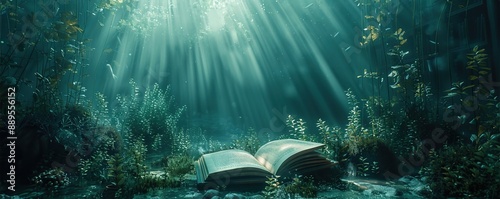 An open book lies on the forest floor under a mystical underwater light, creating a surreal and enchanting atmosphere in nature.