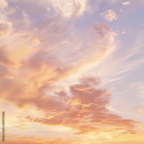 Elegant photograph of soft, wispy clouds glowing with sunset hues, isolated on white background