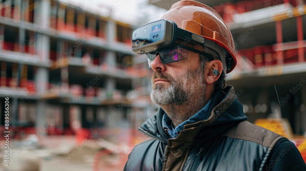 An architect using augmented reality glasses to visualize and modify building designs in real-time on a construction site