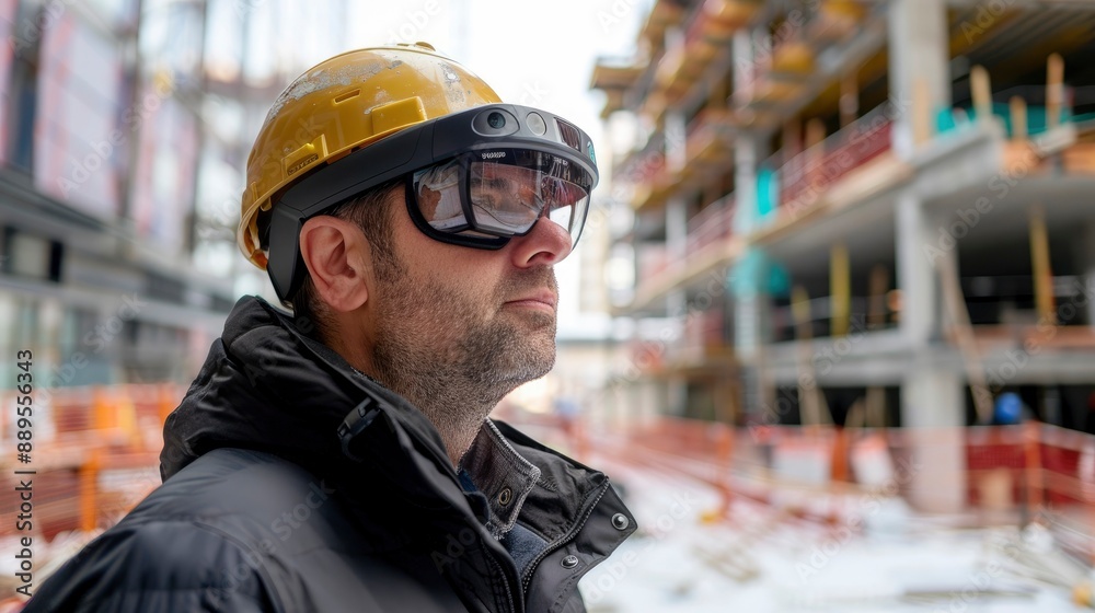 An architect using augmented reality glasses to visualize and modify building designs in real-time on a construction site An architect using augmented reality glasses to visualize and modify building designs in real-time on a construction site