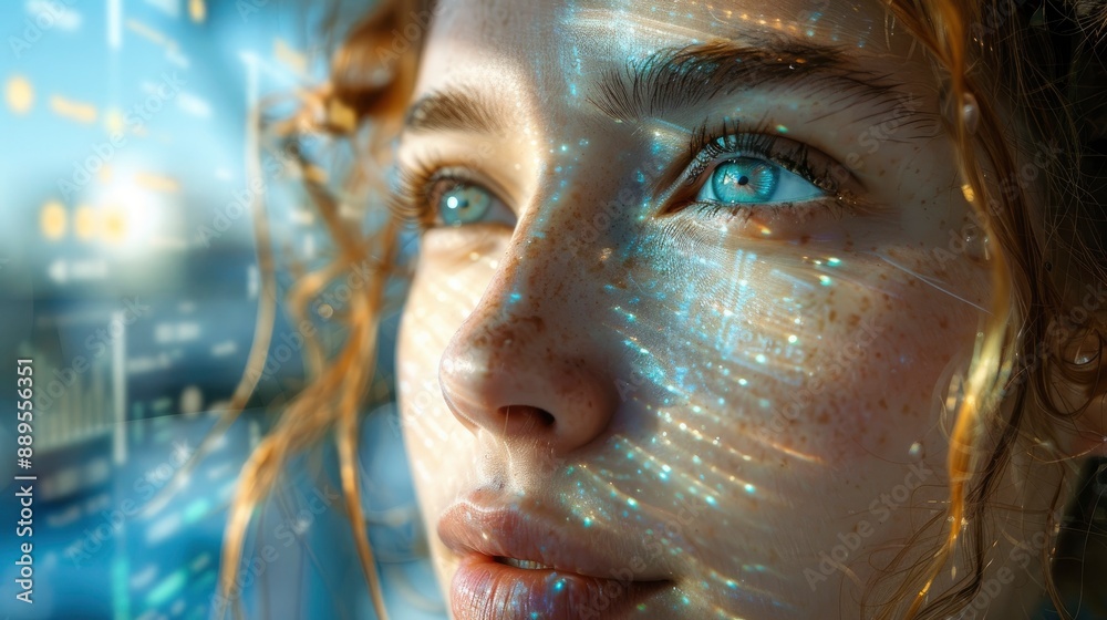 Close-up of a woman wearing smart contact lenses with augmented reality overlays, enhancing her vision with digital information Close-up of a woman wearing smart contact lenses with augmented reality overlays, enhancing her vision with digital information