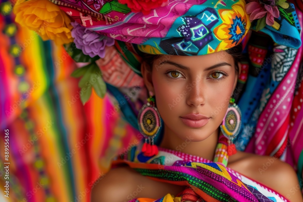 Beautiful Mexican Woman in Colorful Traditional Dress with Elaborate Headwrap Beautiful Mexican Woman in Colorful Traditional Dress with Elaborate Headwrap