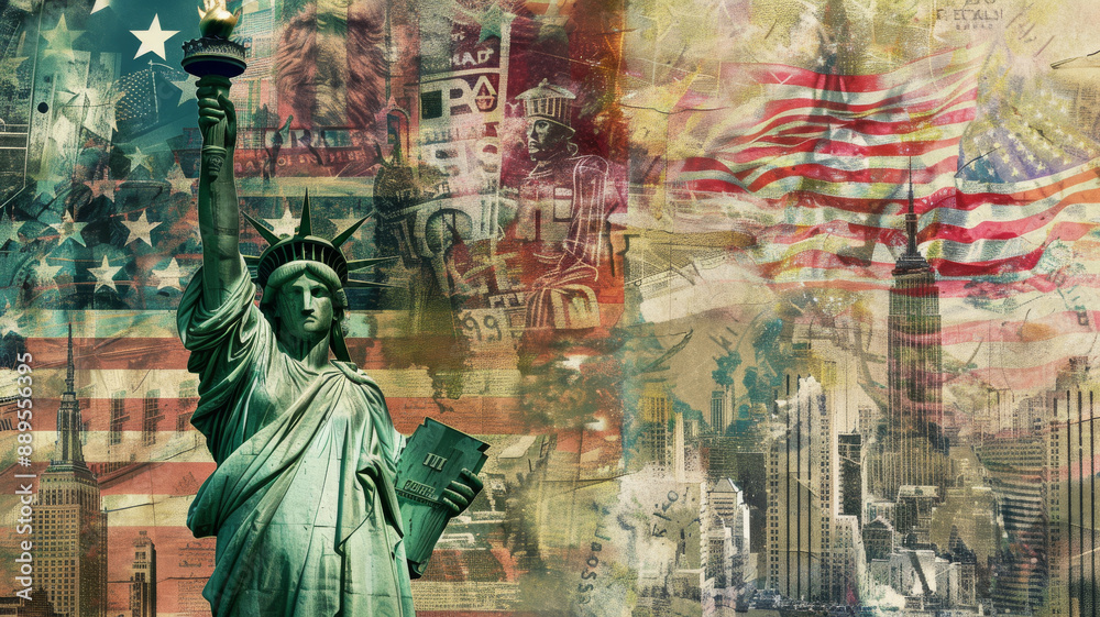 custom made wallpaper toronto digitalA vibrant collage of American cultural elements, juxtaposing the Statue of Liberty with diverse landmarks, textures, and the national flag, evoking richness and depth.