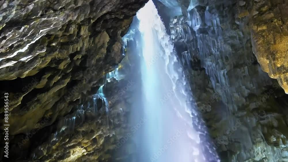 Ethereal sunlight piercing majestic cave opening