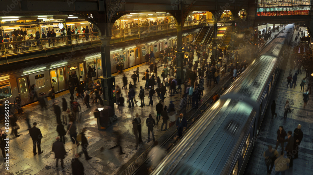 Obraz premium A busy train station filled with a large crowd of commuters and a moving train, creating a sense of movement and urban life.