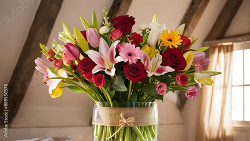 Bunch of beautiful flowers in a vase pions photo