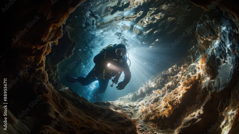 Rescue diver entering underwater cave lit with murky beam of light, with copy space Rescue diver entering underwater cave lit with murky beam of light, with copy space