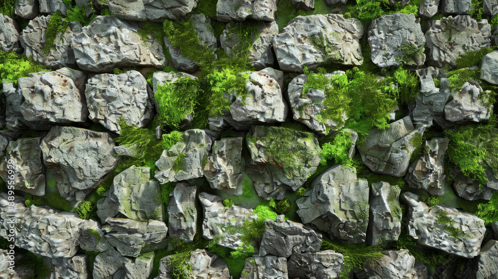 A stone wall with patches of bright green moss and plants growing in the gaps, presenting a harmonious blend of rock and nature. A stone wall with patches of bright green moss and plants growing in the gaps, presenting a harmonious blend of rock and nature.