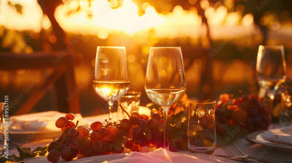 Romantic vineyard dinner at sunset giving a warm golden hour glow, food lifestyle, with copy space Romantic vineyard dinner at sunset giving a warm golden hour glow, food lifestyle, with copy space