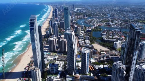 Aerial view of Queensland Australia Beach and skyscrapers drone video