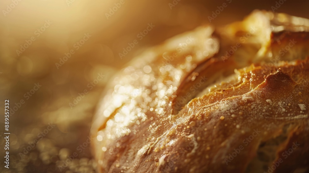 Rustic homemade bread with uneven crust lit with warm light, a copy space Rustic homemade bread with uneven crust lit with warm light, a copy space
