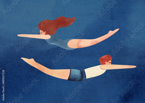A man and woman swim underwater. Watercolor illustration. Template for a postcard or poster in A3 size for the design of a swimming pool, resort, sporting event.
