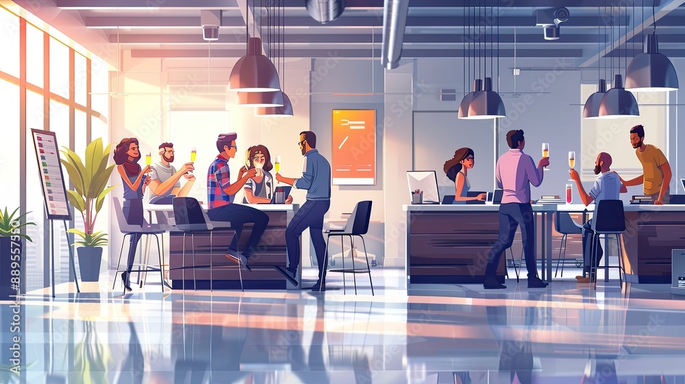 A tech startup team celebrating a successful product launch with champagne in a sleek, minimalist office space A tech startup team celebrating a successful product launch with champagne in a sleek, minimalist office space
