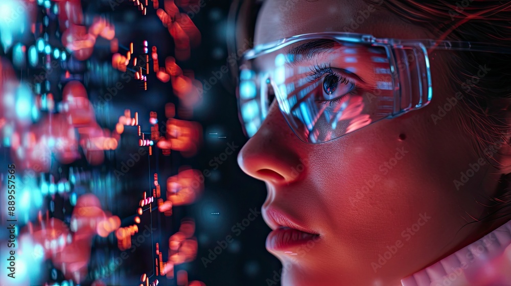 Close-up of a scientist analyzing data on a transparent digital screen with complex genetic sequences and bioinformatics Close-up of a scientist analyzing data on a transparent digital screen with complex genetic sequences and bioinformatics