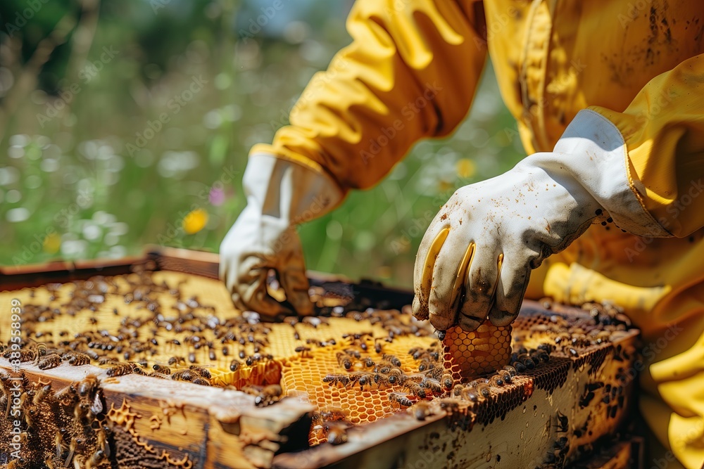 Beekeeper working with bees on honeycomb frame in apiary. close-up view Beekeeper working with bees on honeycomb frame in apiary. close-up view