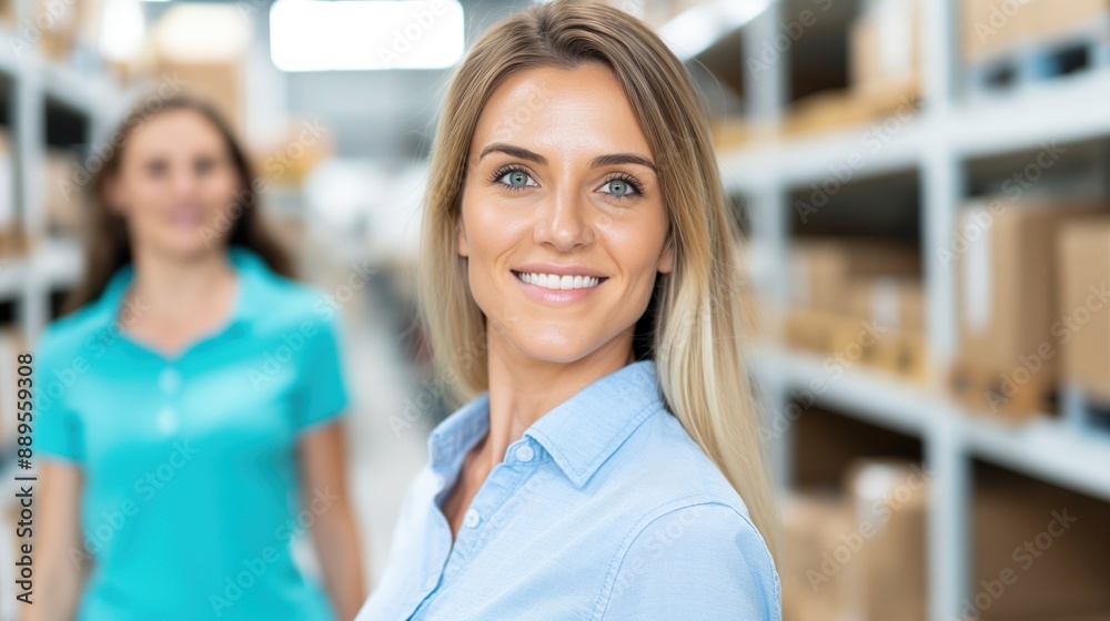 Fototapeta premium Portrait of a smiling businesswoman manager working inside a modern storage room or warehouse.