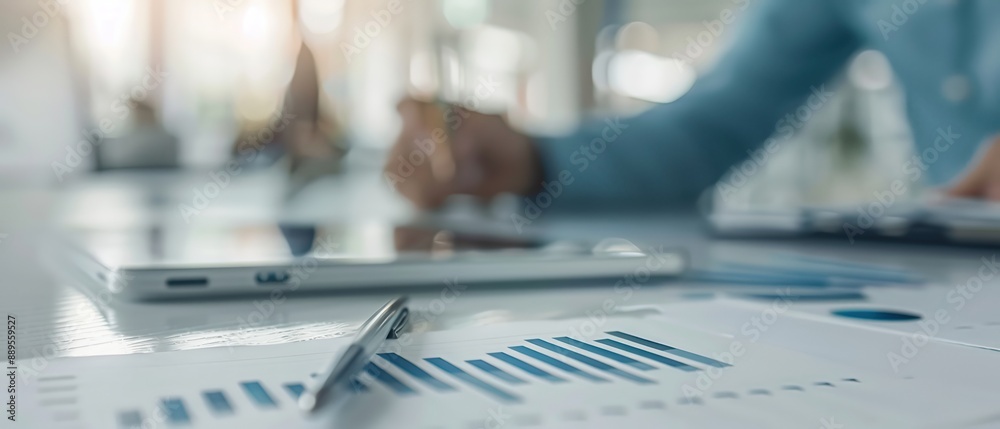 Business person analyzing financial data on a report with a pen and tablet on a desk. Focus on graphs and charts in a modern office setting. Business person analyzing financial data on a report with a pen and tablet on a desk. Focus on graphs and charts in a modern office setting.