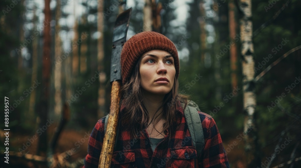 A woman wearing a red hat and a plaid shirt is holding a large axe A woman wearing a red hat and a plaid shirt is holding a large axe