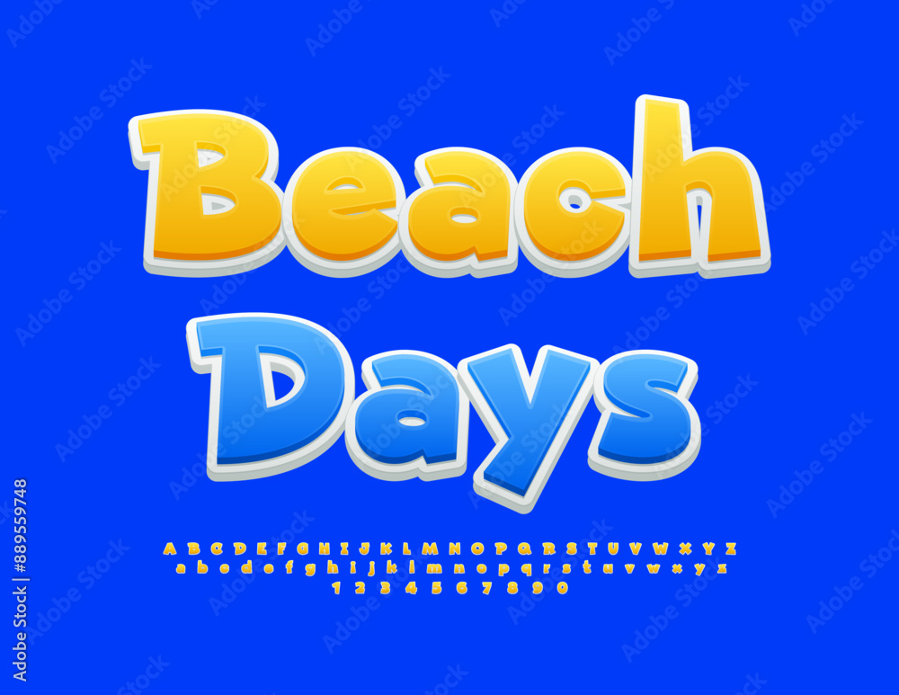 Vector travel flyer Beach Days. Sunny Yellow Font. Artistic style Alphabet Letters, Numbers and Symbols set. Vector travel flyer Beach Days. Sunny Yellow Font. Artistic style Alphabet Letters, Numbers and Symbols set.