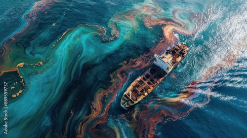 Oil spill disaster with polluted sea and ship, top view photo