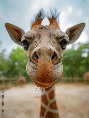 close up portrait of baby giraffe looking at camera, woods in background, zoo, copy space