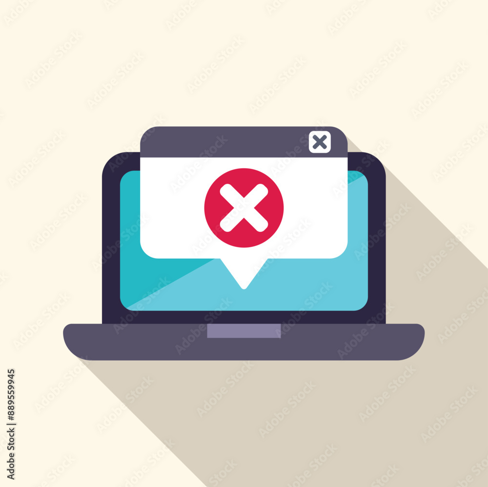 Modern laptop is showing an error message with a cross mark symbol, indicating a problem or issue Modern laptop is showing an error message with a cross mark symbol, indicating a problem or issue