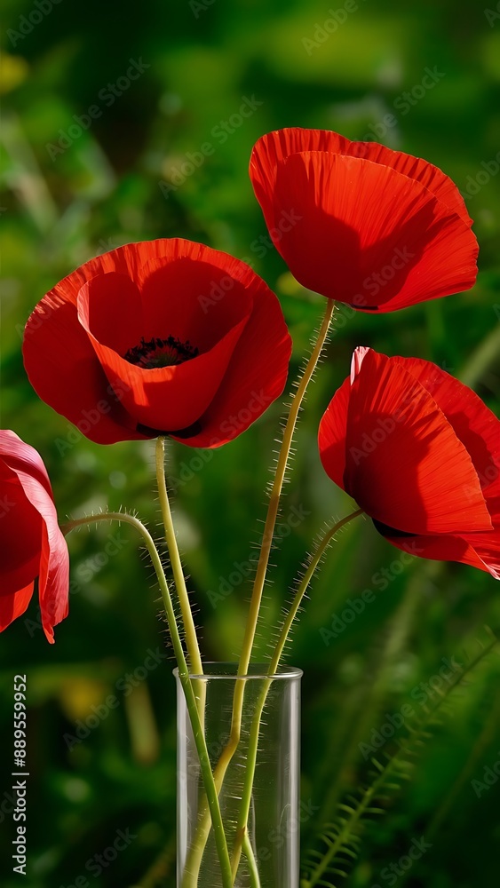 Obraz premium Red poppies in glass vase on green background