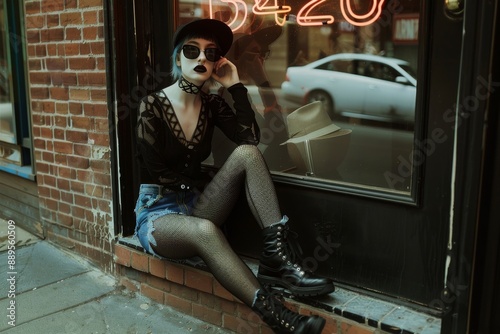 Stylish teen model showcases trendy dark clothing sunglasses while posing over big display window with led lighting background high fashion urban lifestyle nightlife concept. photo